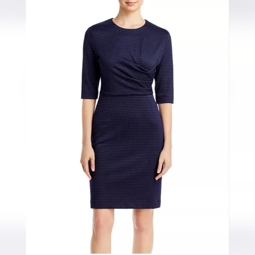 Boss Diatress Ruched Sheath Dress With 3/4 Sleeves In Navy Blue Size 6